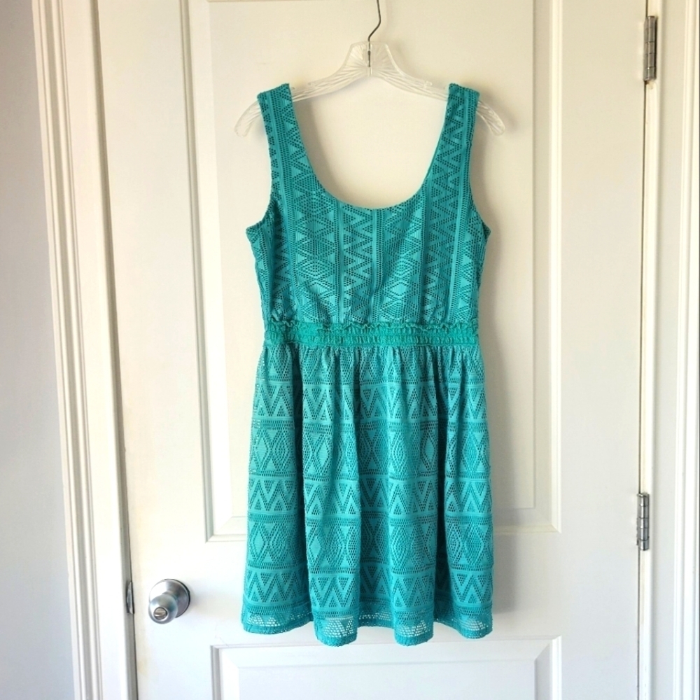 Teal Summer Crotchet Lace Eyelet Tank Mini Dress